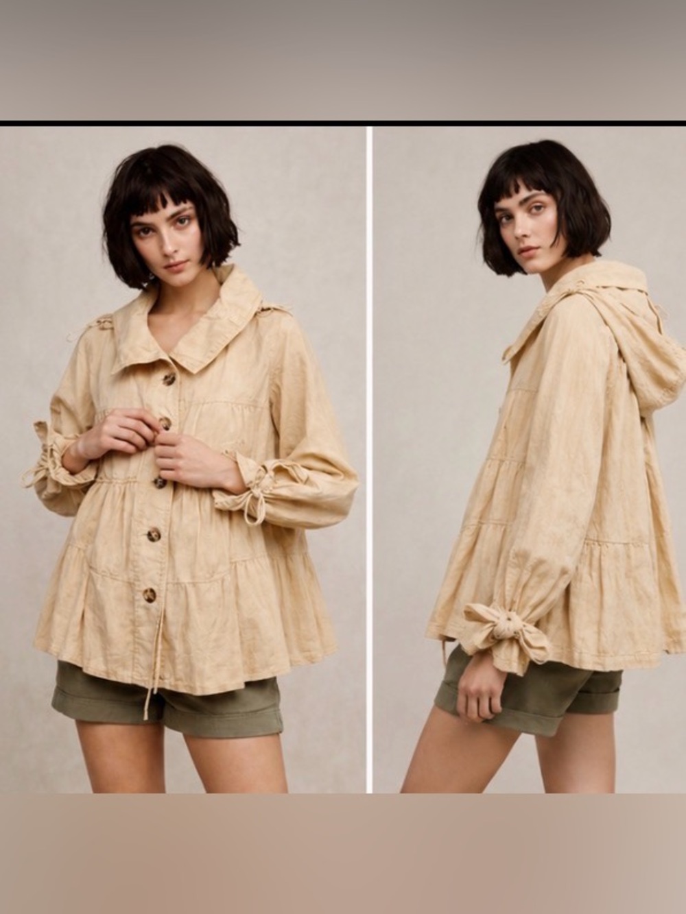 Anthropologie Hei Hei Swing Jacket Khaki Tan Lime Tiered Hooded